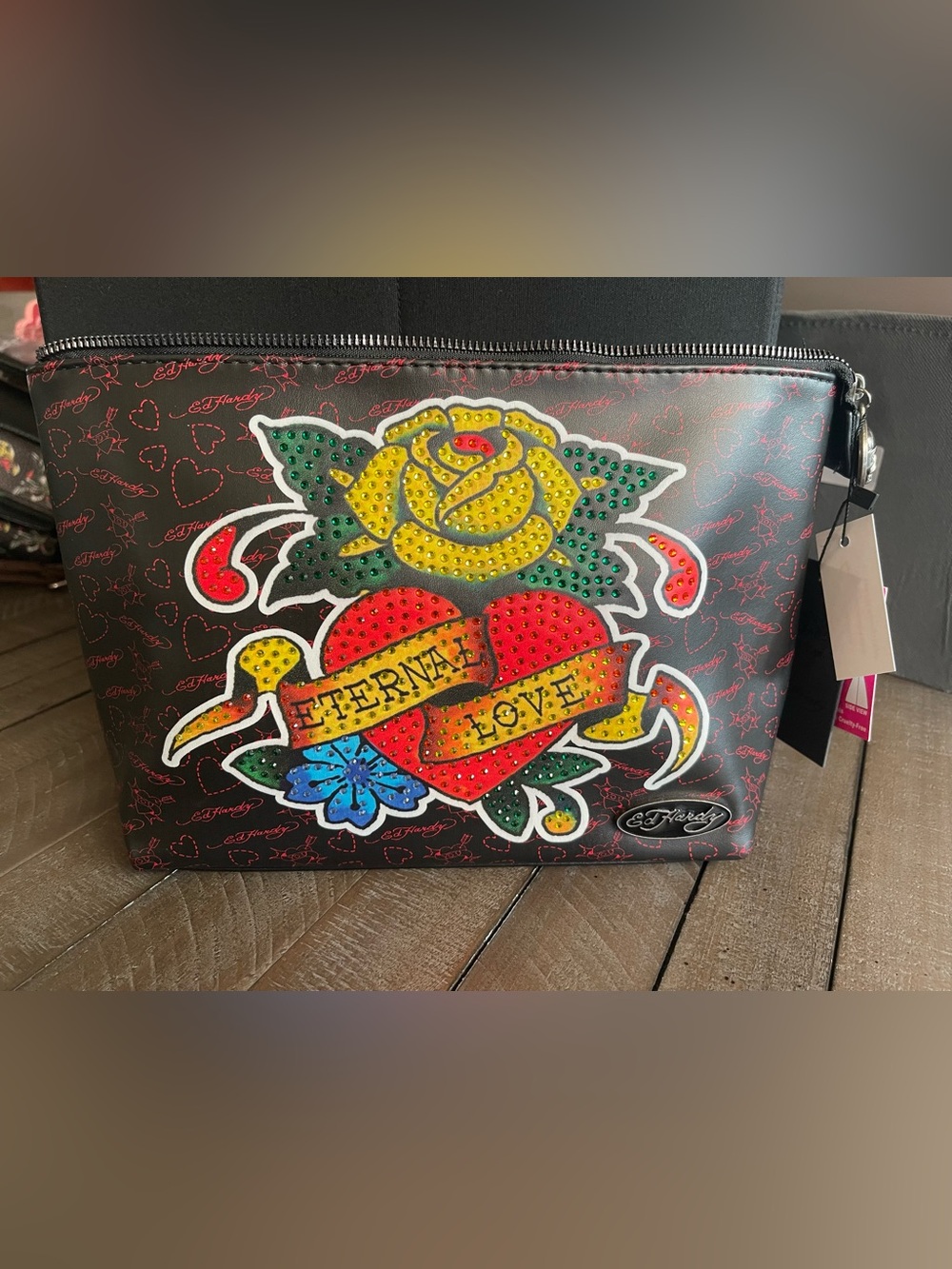 Ed Hardy Black Studded 'Eternal Love' Cosmetic Pouch with Yellow Rose